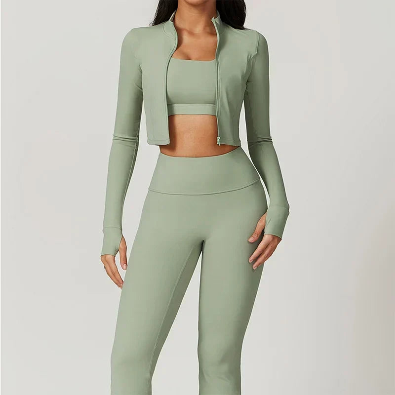 Workout Outfit ActiveWear 3 Pieces Workout Clothes Sports Bra High Waist Gym Leggings Long-Sleeved